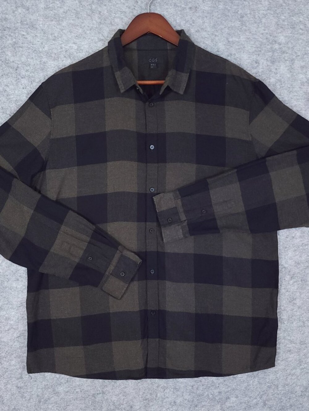 COS Mens Flannel Shirt XL Olive Green Black Buffalo Check Cotton Long Sleeve